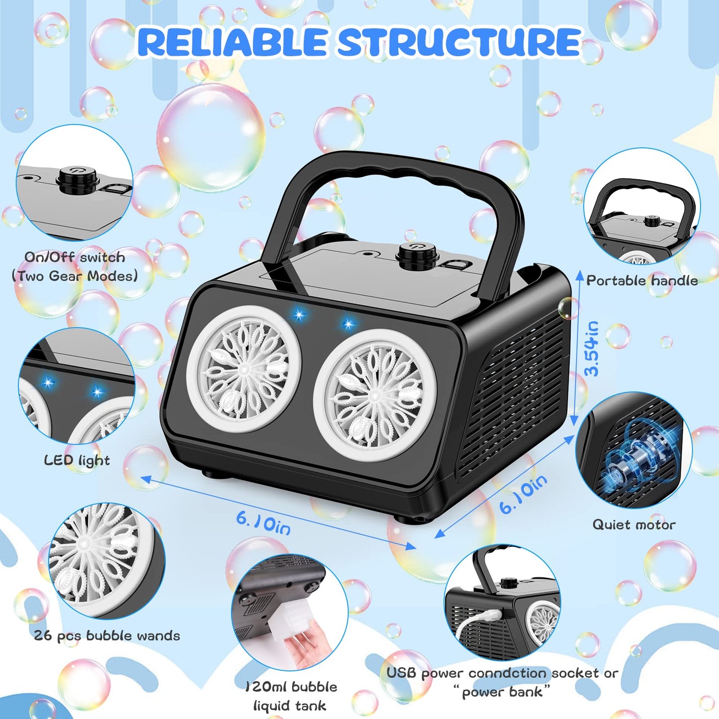 Bubble Machine, Automatic Bubble Machine For Kids 20000+ Bubbles/Minutes, Portable Bubble Machin E Battery Operated With 2 Fans,
