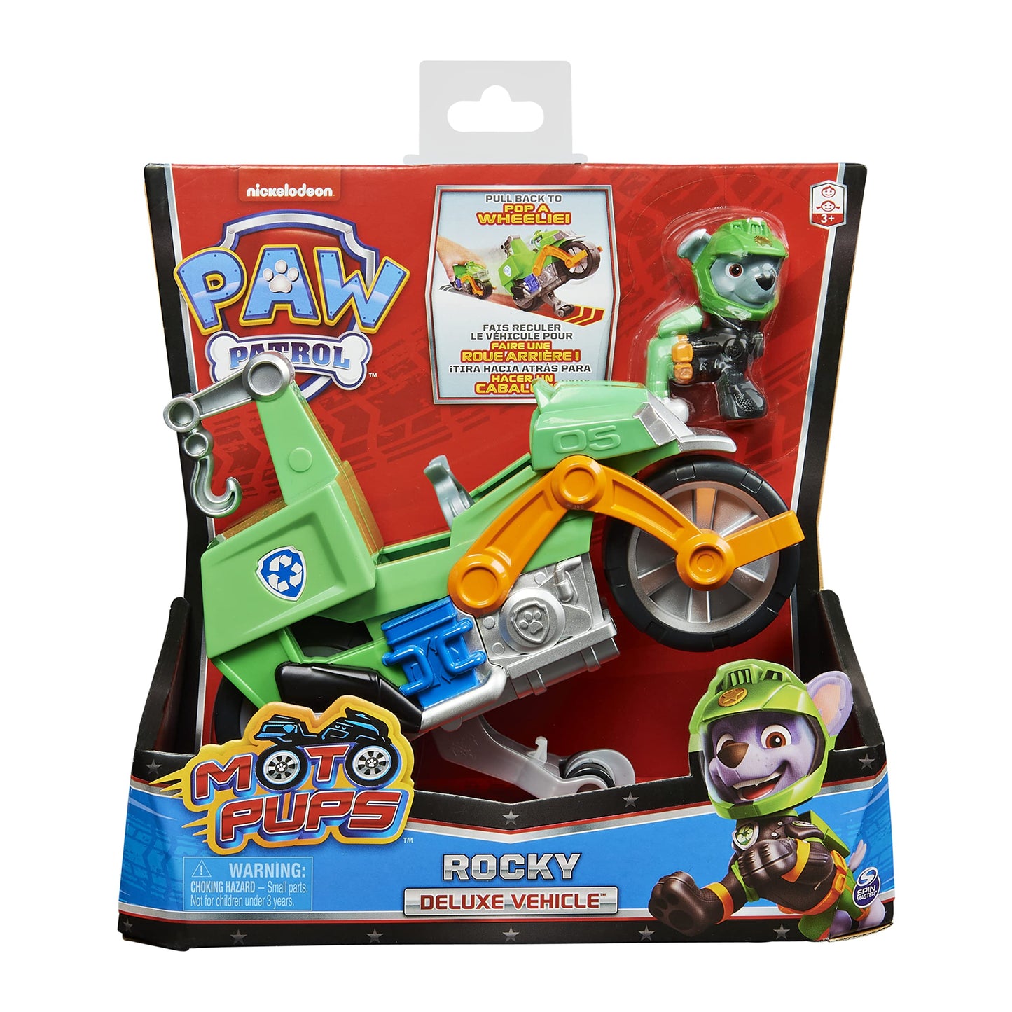 Paw Patrol Deluxe Motorcycle Vehicle - Rocky’s Pull Back with Wheelie Feature, X-Large, Multicolor, Model 778988361948
