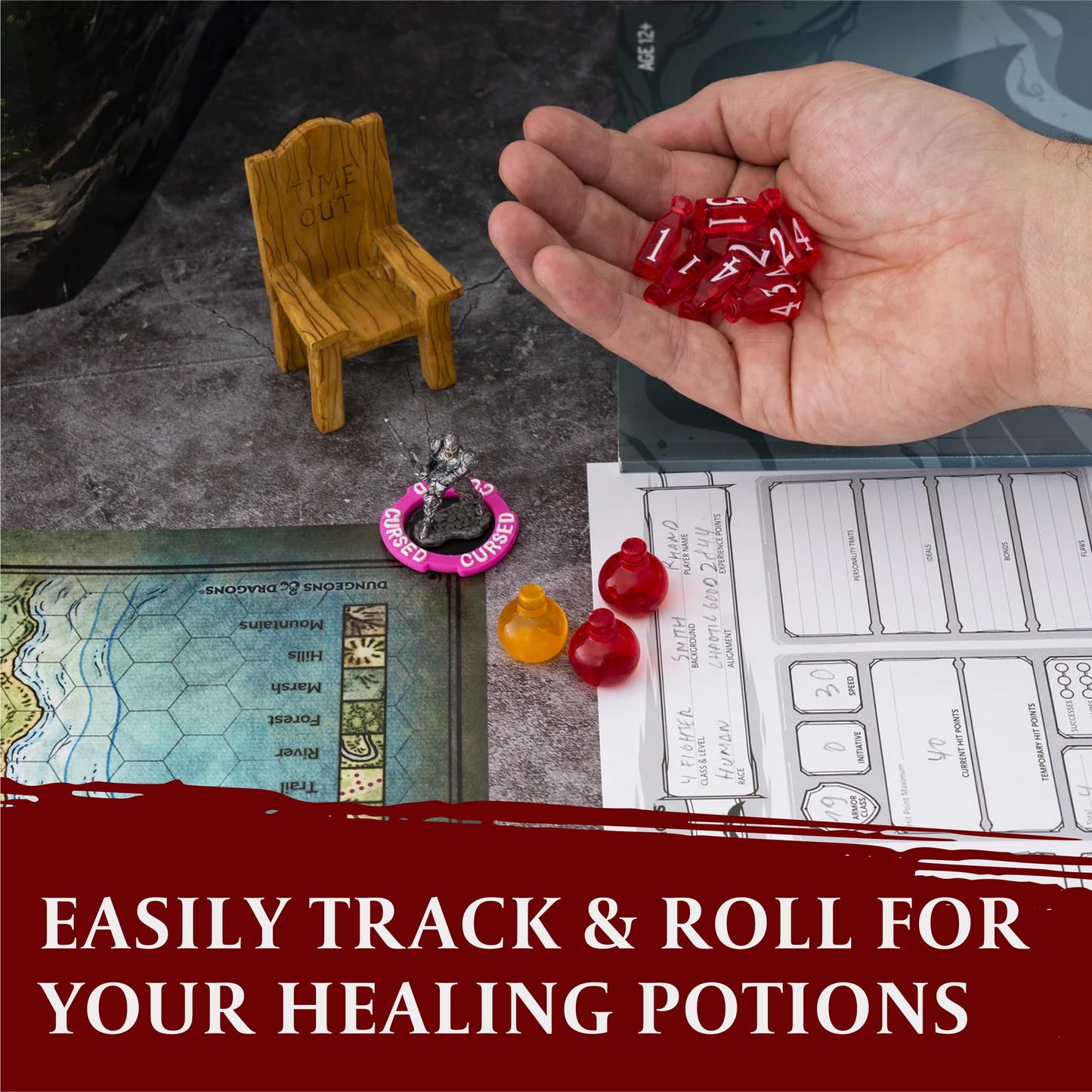 15 DND Healing Potion Tokens and Each Potion Level Has a Color Matching D4 Dice Set to Easily Track & Roll for Your D&D Potions