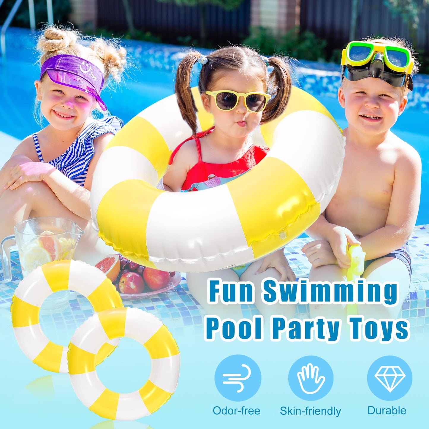 Whaline 4Pcs White Yellow Inflatable Swimming Float Toy Striped Swim Ring Fun Print Pool Lounger Tube for Teen Boy Girl Summer Swimming Beach Party  22.8 Inch
