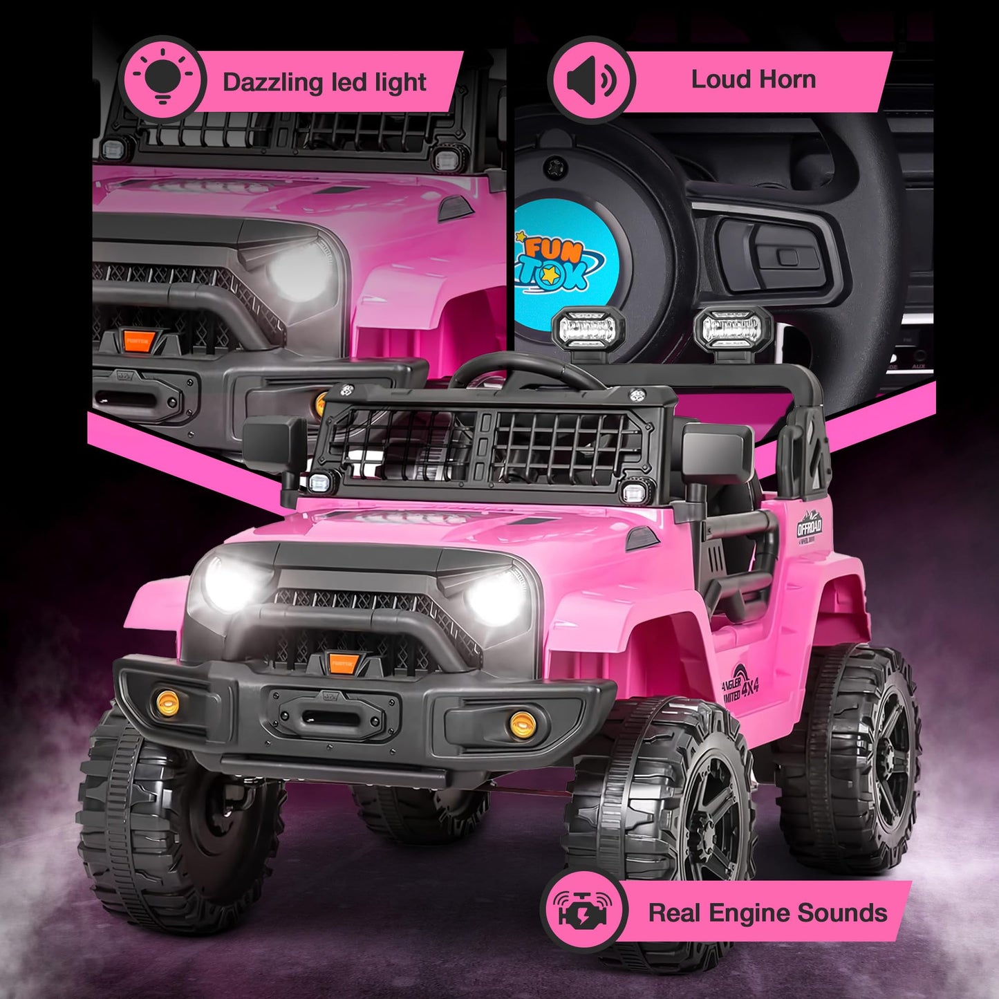 Funtok 12V Ride On Truck For Kids, Electric Cars For Toddlers W/Remote Control, Soft Start, Led Lights, Horn, Radio, Usb/Aux/Mp3, Battery Powered Cars For Kids To Drive (Pink)