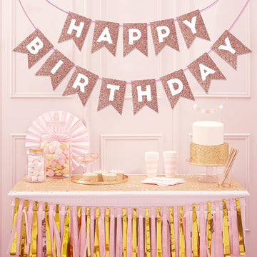 Hooqict Rose Gold Happy Birthday Banner Sign For Backdrop Glitter Rose Gold Birthday Decorations Banner Garland Bunting Flag For Women Girls Tea Party Supplies Wall Door Decorations