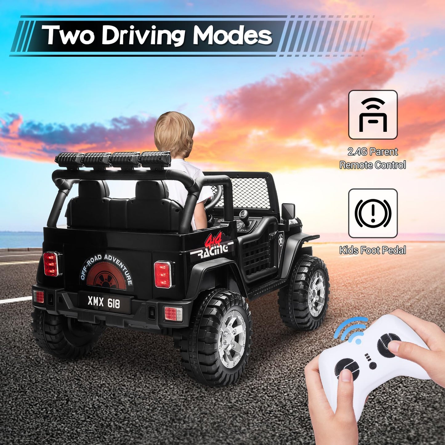 Sehomy Kids Ride On Truck With Remote, 12V Battery Powered Electric Car For Kids - Two Seater With One Belt, Spring Suspension,