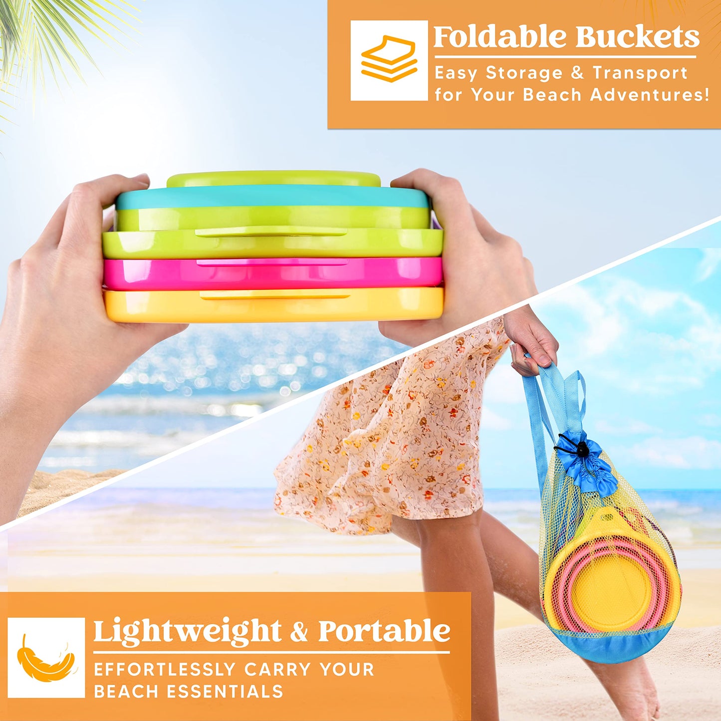 JOYIN Foldable Beach Bucket Set - 3 Packs Collapsible Toy Buckets with Shovels and Mesh Backpack for Kids Toddlers Party, Campin