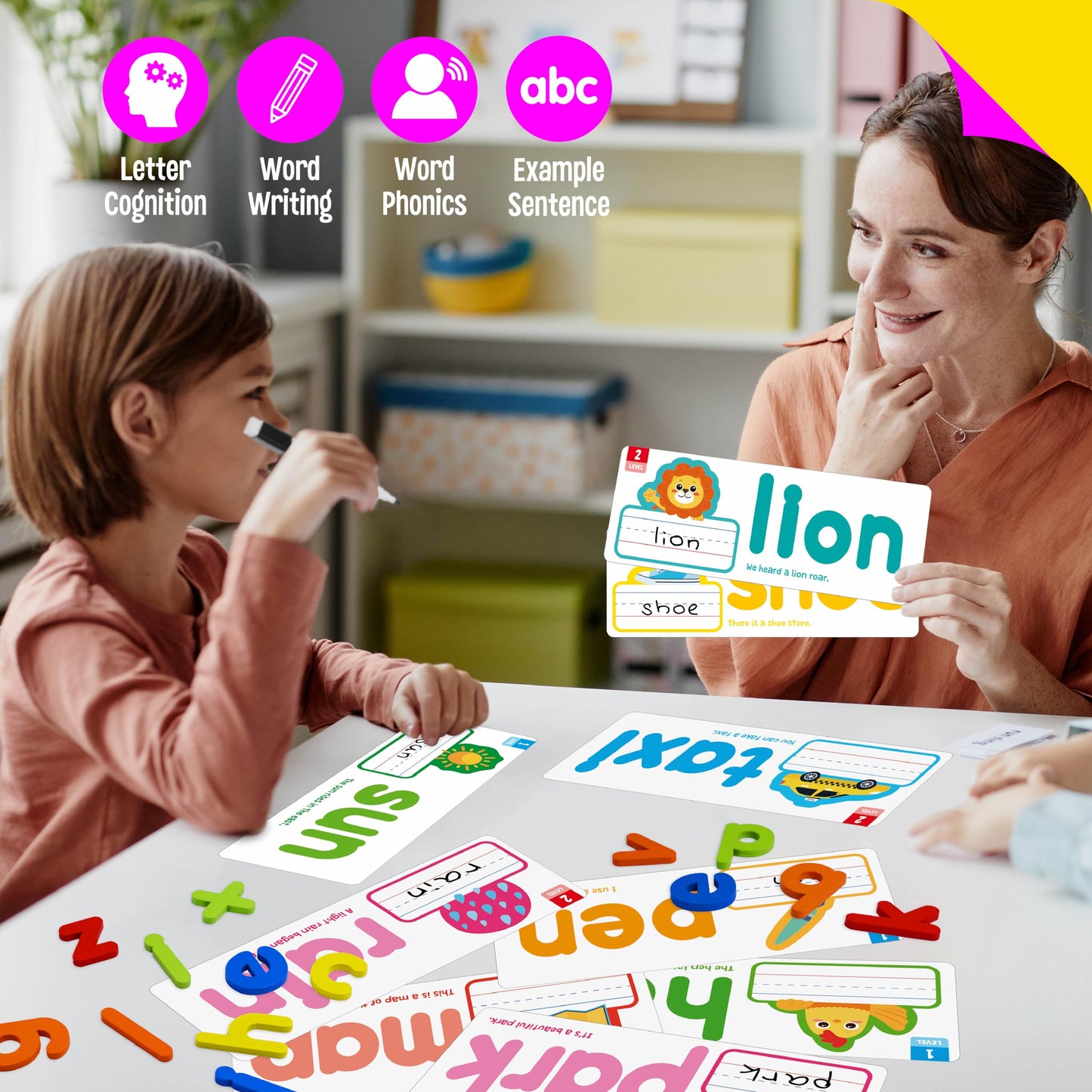 82Pcs Cvc & Cvcc, Ccvc Words Builders, 30 Double-Sided Cards & 52 Wooden Lowercase Letters, 2 Levels See & Spell Learning Tool Stem Educational Activities For 3 Years Old Boys And Girls