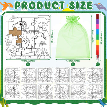 Fullhawl 12 Sets Dinosaur Puzzles for Dinosaur Theme Color Your Own Puzzles DIY Dino Jigsaw Crafts with 12 Stackable Crayons and 12 Bags for Tropical Jungle Gifts Birthday Party Supplies Favors