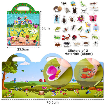 Astaron Reusable 3D Puffy Sticker Book For Kids 2-6, Cute Waterproof Insects Stickers 88 Pcs,Puffy Sticker Game Travel Stickers And Educational Sensory Learning Toy Busy Book,4 Fold-Out Scenes Choices