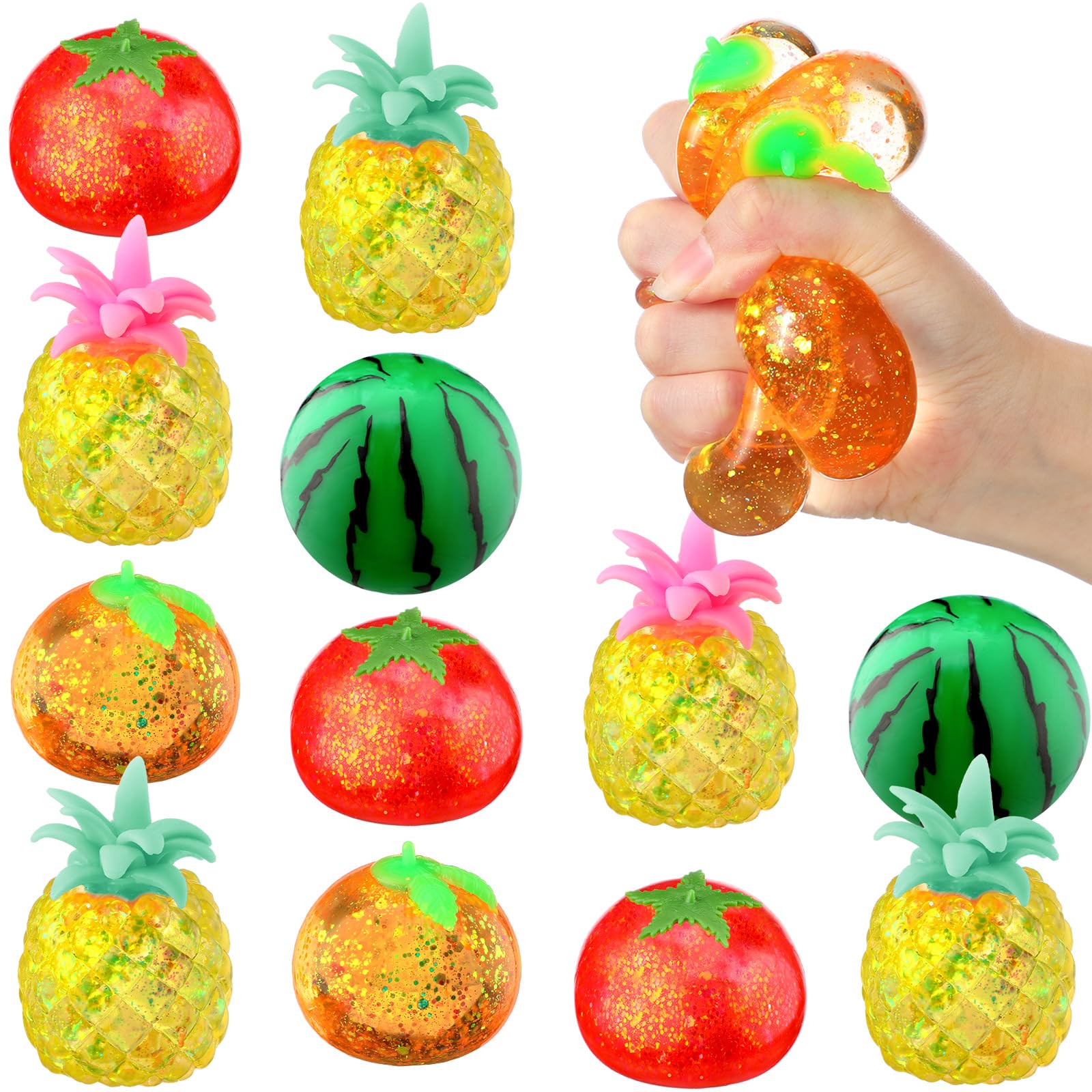 Meooeck 12 Pcs Fruit Stress Relief Toys Watermelon Orange Stress Balls Fidget Toys for Adults Relief Mini Squeeze Fruit Party Fa