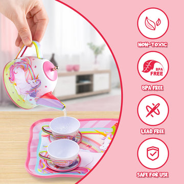 JOYIN Unicorn Tea Set for Toddlers Tea Party Set for Children Kids Pretend Role Play Tin Teapot Set with Cups, Plates and Carryi