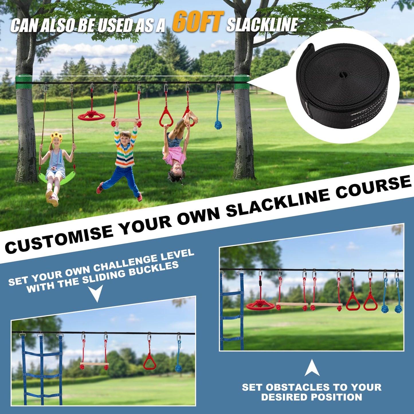 Slsy 60Ft Ninja Warrior Obstacle Course (10 Obstacles), Ninja Slackline Kit For Kids, Durable Playset Equipment With 10 Complete