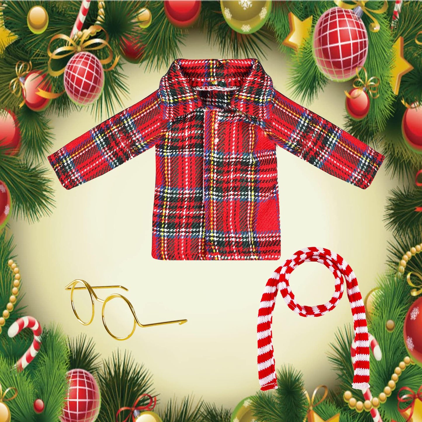 3 Pcs Christmas Couture Clothing Set Elf Doll Accessories Clothes Set Including Long Sleeved Shirt, Elf Glasses, Red And White Striped Scarf