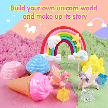 Unicorn Sensory Bin, Unicorn Toys & 2.2Lbs Colorful Play Sand, Ice Cream Molds, Castle Molds, Tools, Sand Box With Lid, Christma
