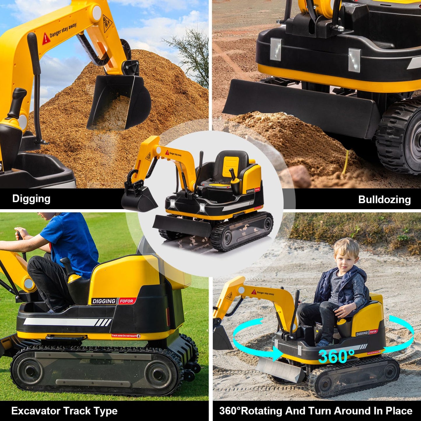 Joyldias 360 Degree Rotating Ride On Excavator And Bulldozer,12V12Ah Battery Powered Ride On Toy Backhoe W/Track Design Wheels F