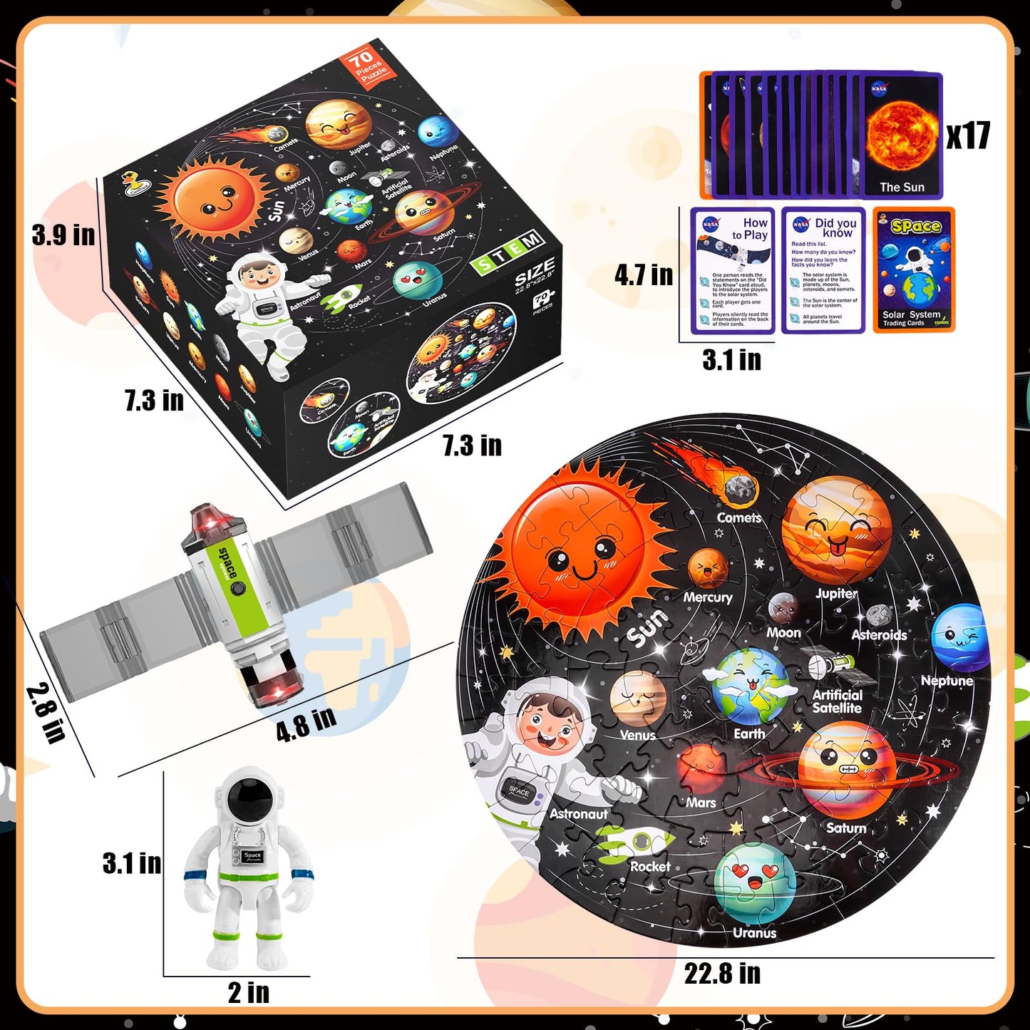 Puzzles For Kids Ages 4-6, Solar System Planets Flash Cards & Astronaut Figures & Satellite, 70 Piece Round Large Floor Jigsaw Puzzles, Educational Toy Gift For Ages 3 4 5 6 7 8 10 Year Old Boys Girls