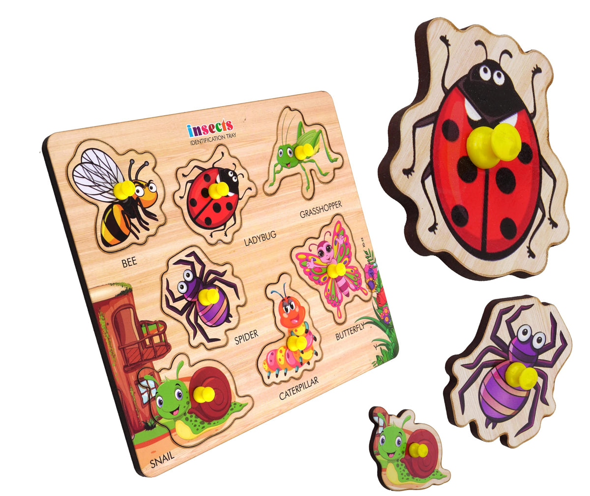 FUNBIZZ Wooden Insects Peg Puzzle for Kids Montessori Educational Insect Identification Board Learn Bee, Ladybug, Grasshopper, S