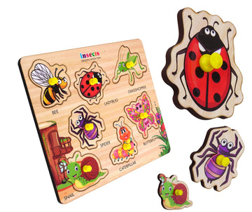 FUNBIZZ Wooden Insects Peg Puzzle for Kids Montessori Educational Insect Identification Board Learn Bee, Ladybug, Grasshopper, S