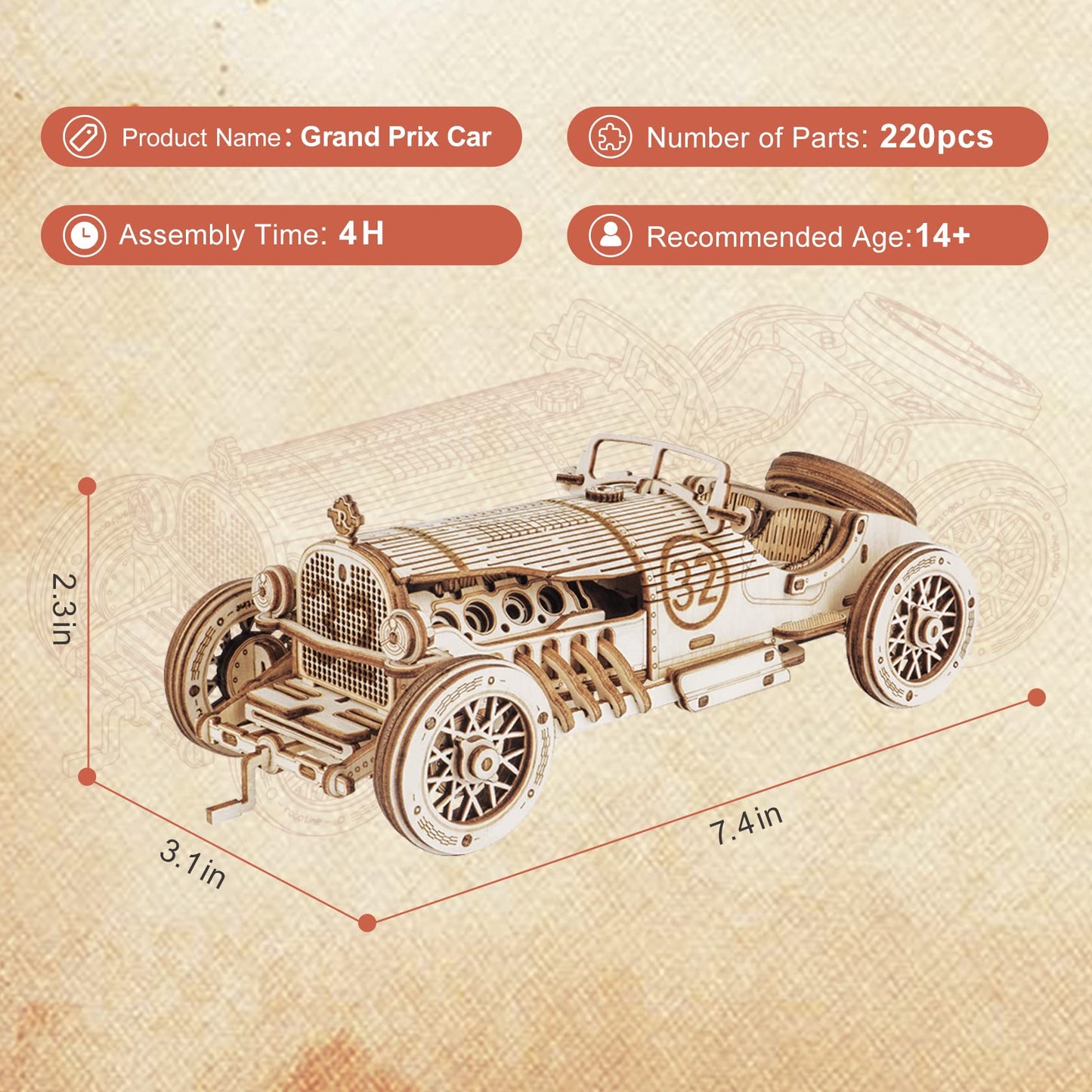 Rowood Model Cars To Build, 3D Wooden Puzzle For Adults & Teens, Diy Scale Mechanical Car Model Building Kits, Best Toys Gift Fo