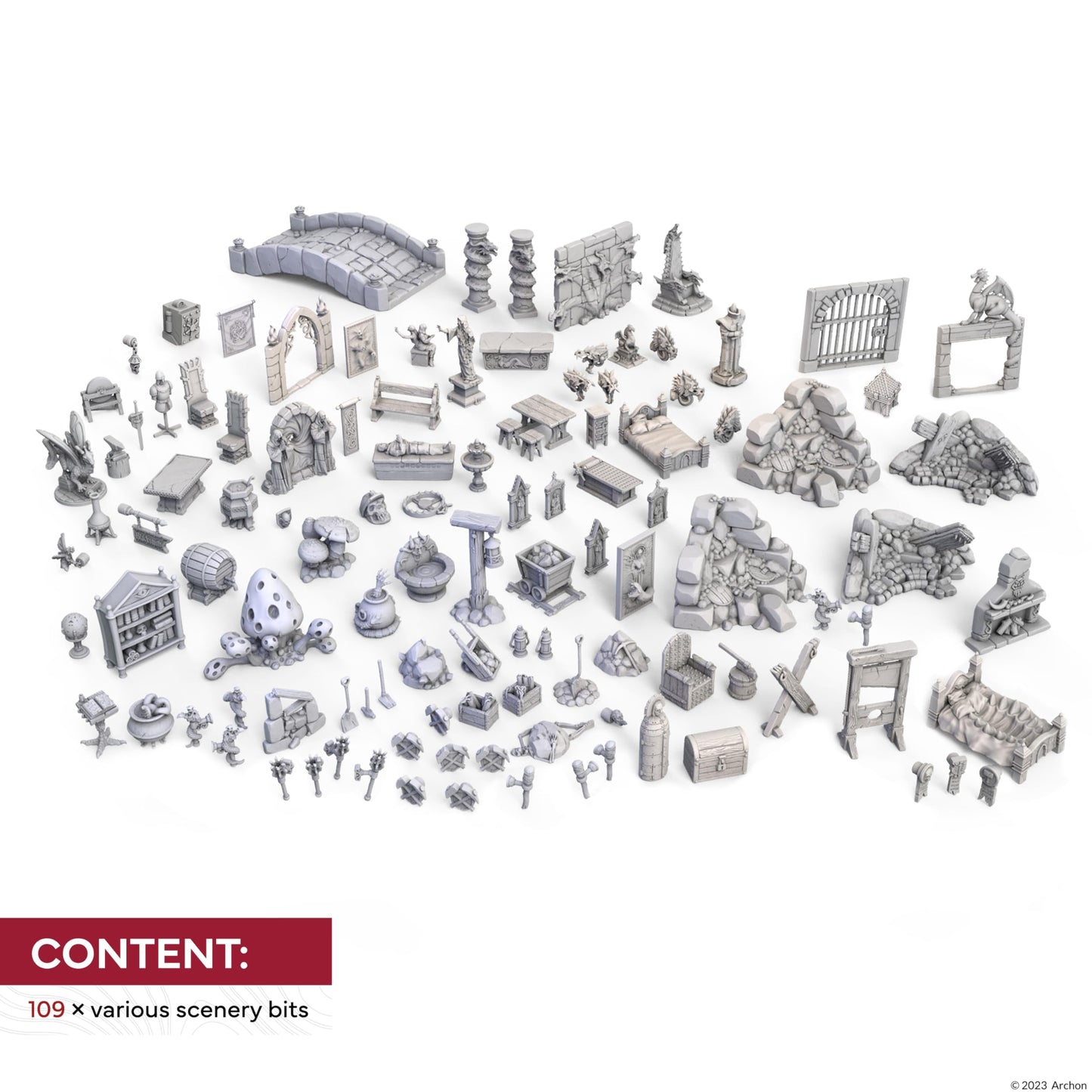 Dungeons & Lasers Fantasy Props Dnd Accessories Pack - 109 Piece Set Includes Miniature Elements And Bits For Tabletop Terrain A