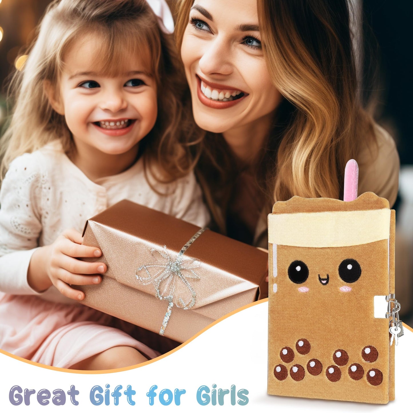 Gift Kit for Girls, Diary with Lock and Key,Boba Tea Plush Journal for Teen Girls,fuzzy diary for girls,Kawaii Birthday Gift Set