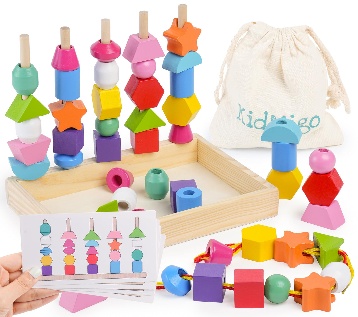 KidMigo Montessori Toys for 3 Year Old  Stacking Toys for Toddlers  Stacking Blocks  Lacing Beads  Matching Shape Preschool Toys  Montessori Toys for 3 4 5 Year Olds with Canvas Storage Bag