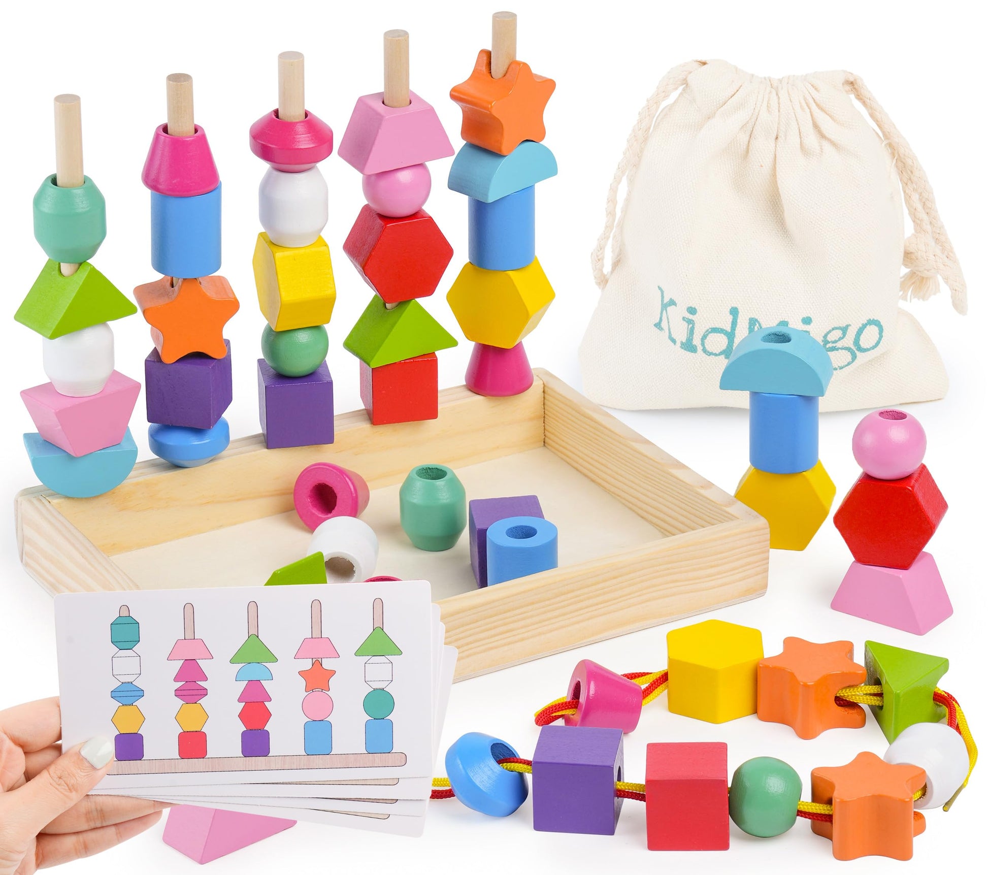 KidMigo Montessori Toys for 3 Year Old  Stacking Toys for Toddlers  Stacking Blocks  Lacing Beads  Matching Shape Preschool Toys  Montessori Toys for 3 4 5 Year Olds with Canvas Storage Bag