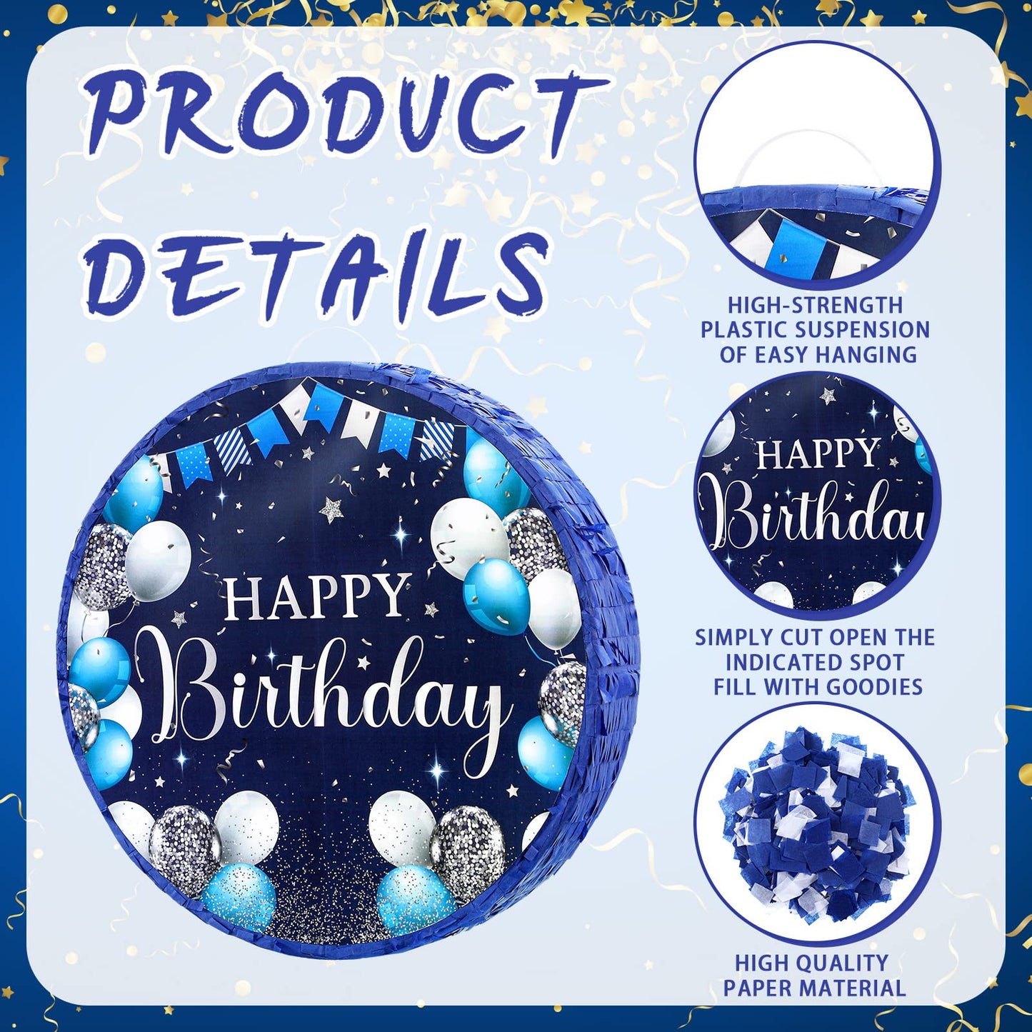 Sinmoe Birthday Piata with Stick Blindfold and Confetti for Boys Girls Men Women Birthday Party Supplies(Blue and Silver)