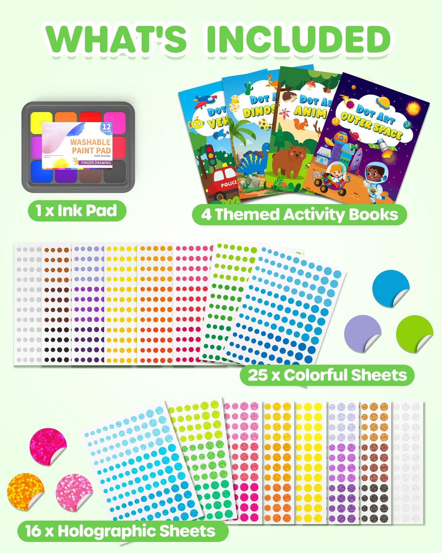 D-FantiX Dot Art Sticker Activity Book with Ink Pad, Mess-Free Finger Painting for Toddlers, Dinosaur, Animal, Outer Space, Vehi