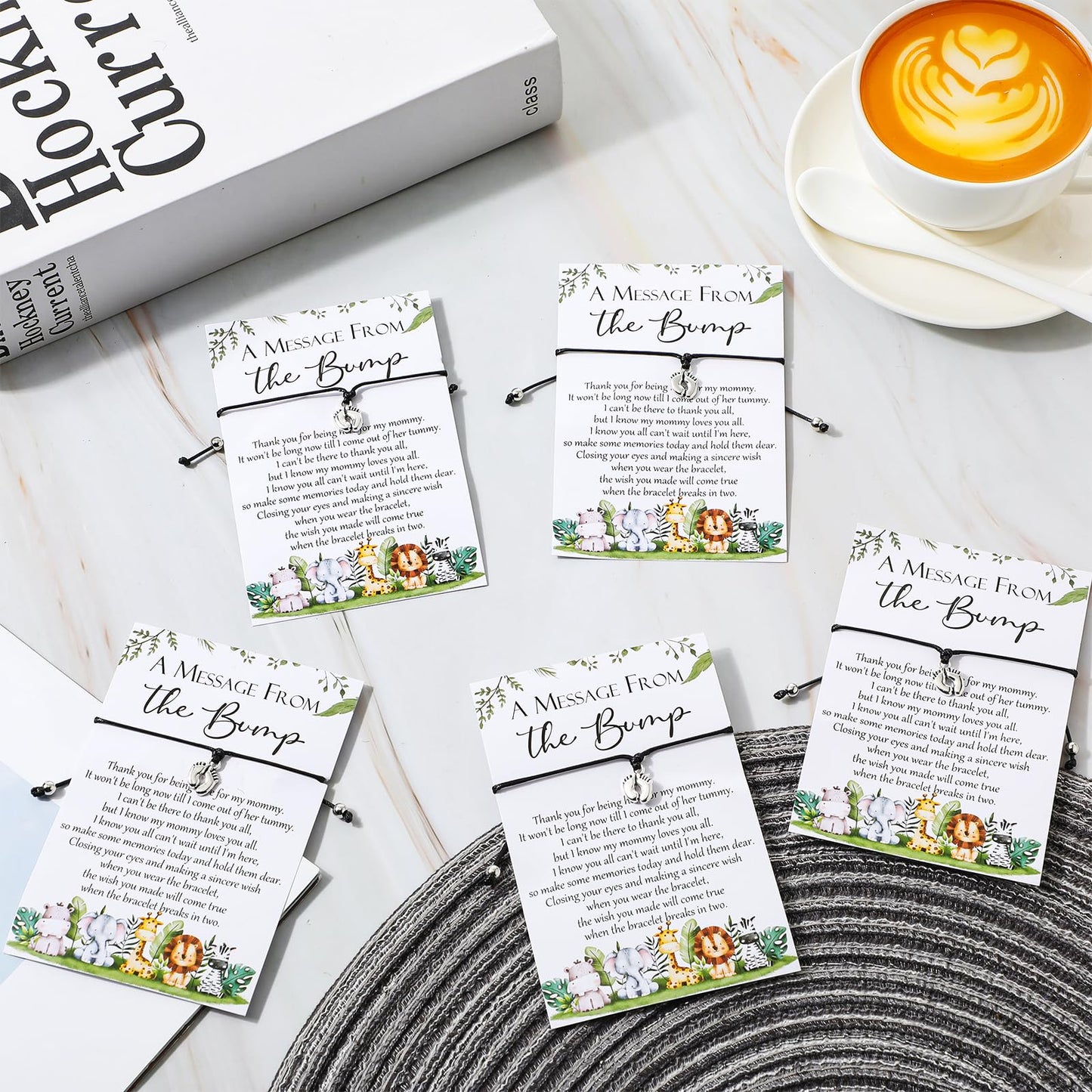 Thyle 50 Sets Baby Shower Favors For Guests 50 Adjustable Bracelets With 50 Message From The Bump Card Footprints Charm Baby Sho