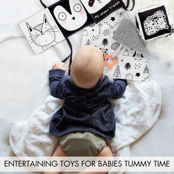 The Ultimate Tummy Time Toys Set Of 3 - Soft High Contrast Book, Toy Block, Crinkle Paper And Teether - Stimulating Black & White Sensory Development Toys For Newborns & Infants 0-3, 0-6 Months