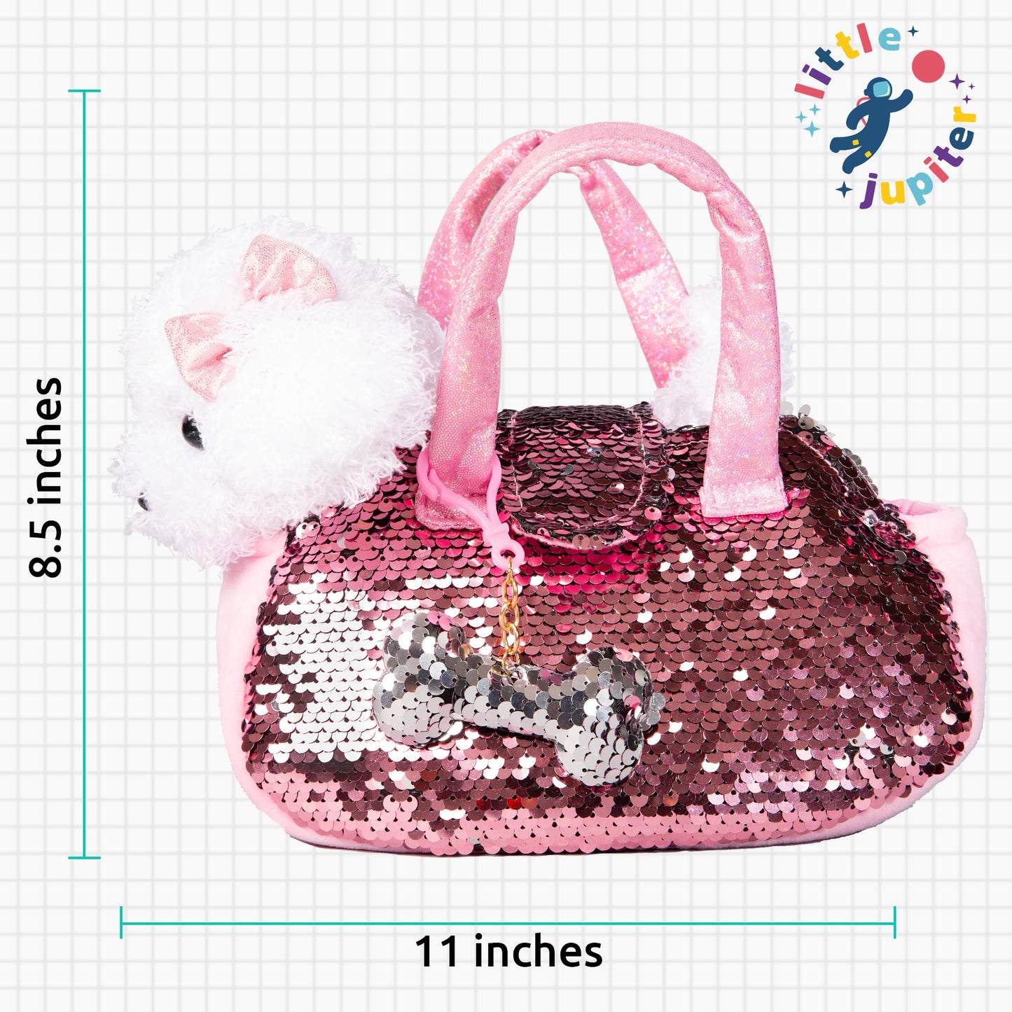 Little Jupiter Plush Set - Reversible Sequins Purse & White Labradoodle Stuffed Animal Toy - 11 inches - Ages 4-7 - Model LJ-003-DOG-WHITE