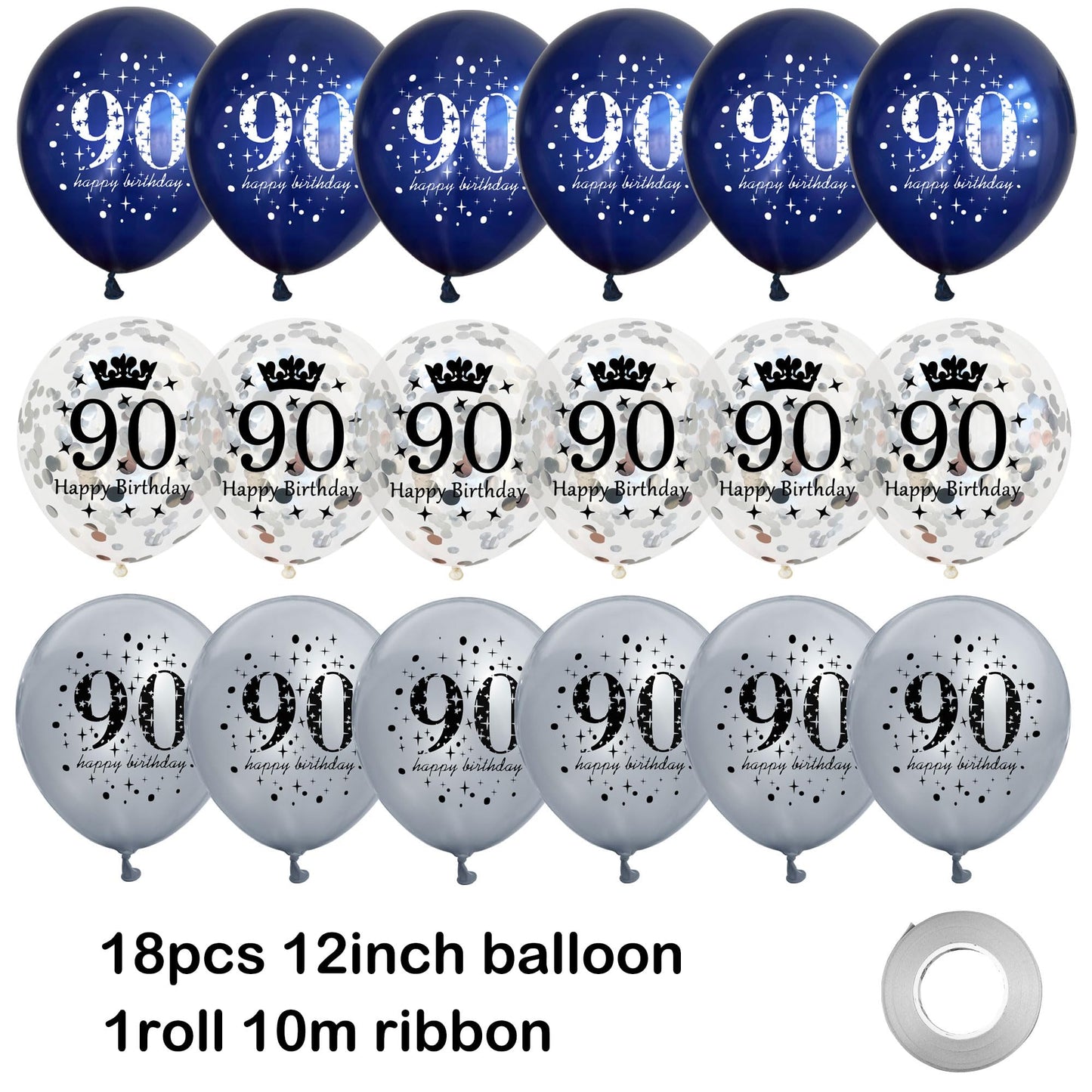 UniBirthLon 18pcs Birthday Balloons Set - Navy Blue & Silver, Rubber, 90th Birthday Decorations with Confetti for Men & Women