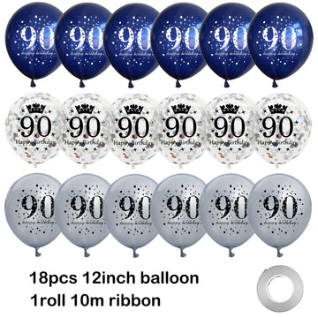 UniBirthLon 18pcs Birthday Balloons Set - Navy Blue & Silver, Rubber, 90th Birthday Decorations with Confetti for Men & Women