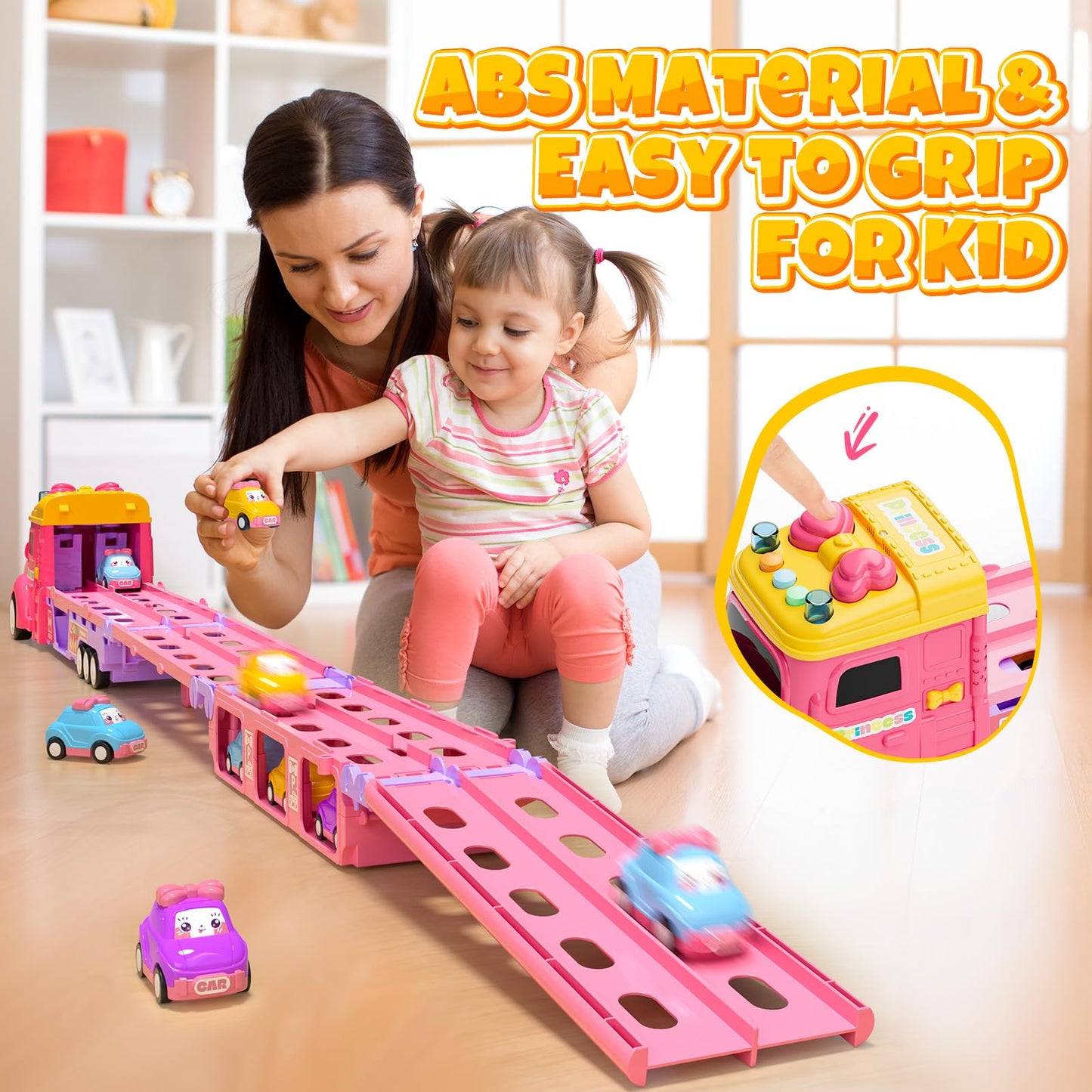 Hot Bee Toddler Toys for 2 3 4 5 Years Old Girls, 7-in-1 Foldable Ejection Trucks for Toddlers 2-4 Years, Toys for 4 Year Old Gi
