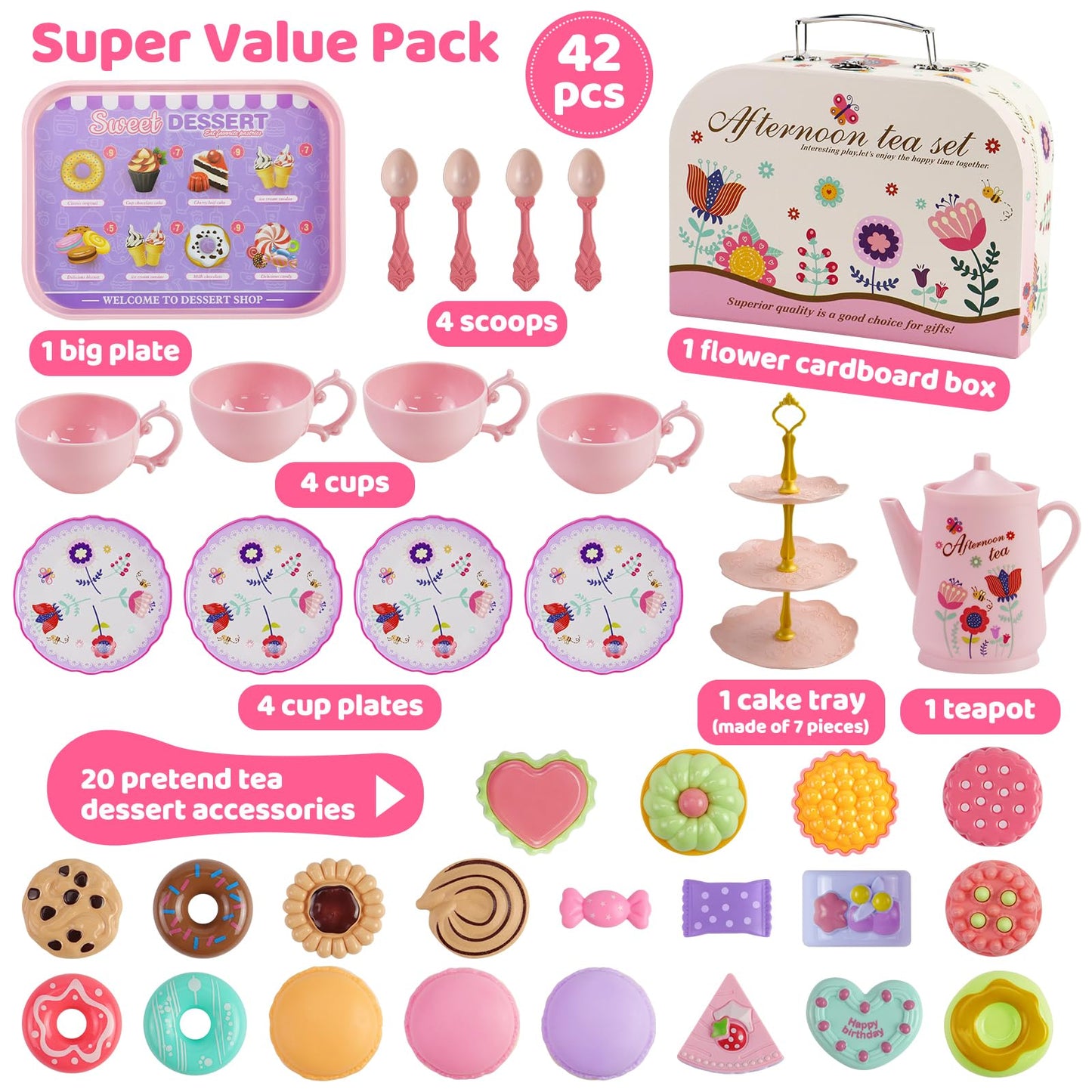 42 Pcs Flower Kids Tea Party Set with Carrying Case & Sweet Treats Playset - Pretend Toy Tin Tea Set for Little Girls - Princess