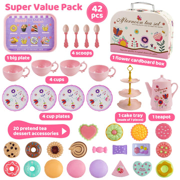 42 Pcs Flower Kids Tea Party Set with Carrying Case & Sweet Treats Playset - Pretend Toy Tin Tea Set for Little Girls - Princess