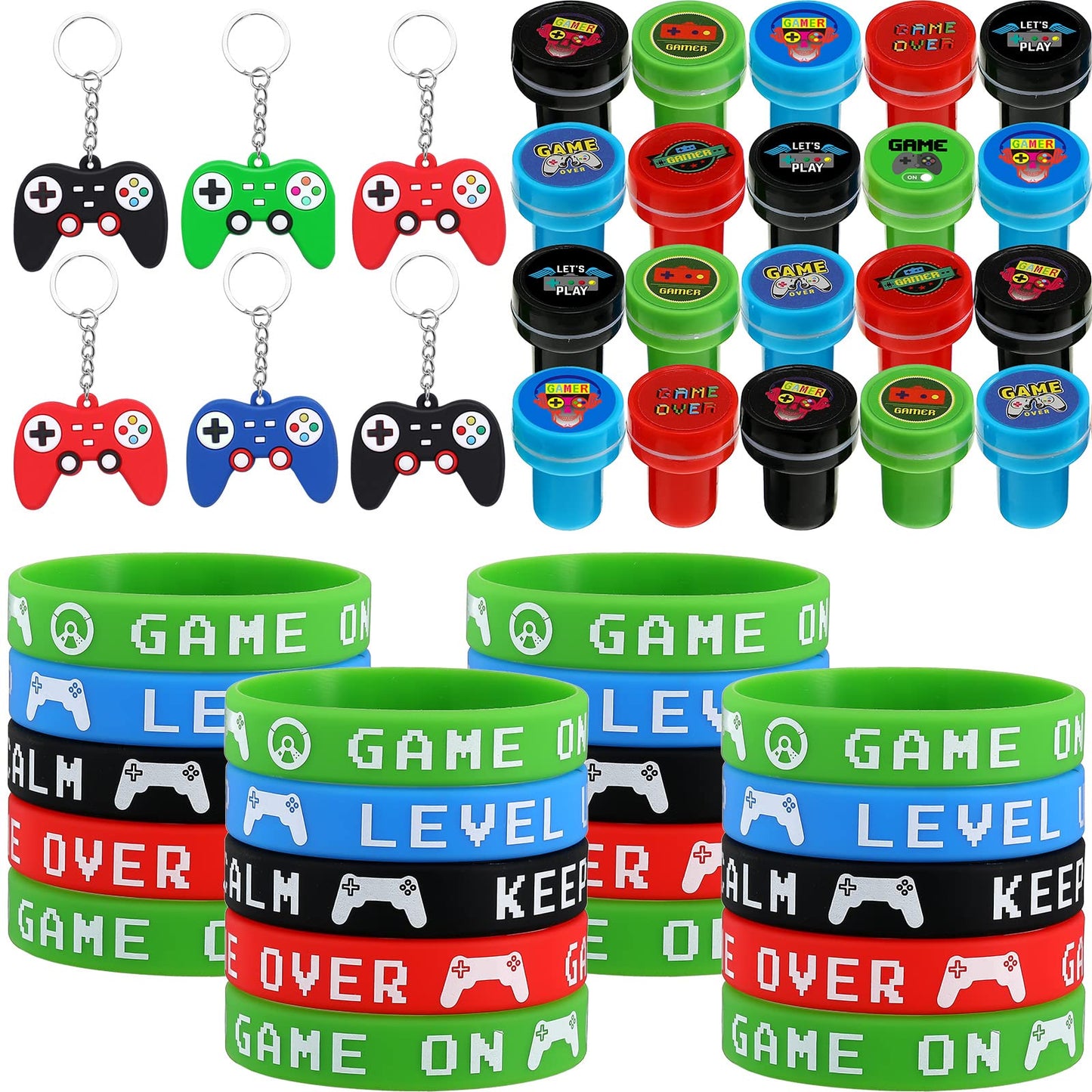 Aoriher 60 Pieces Video Game Party Favors Gifts Set Includes 20 Video Game Bracelets Wristbands 24 Stampers and 16 Handle Keycha