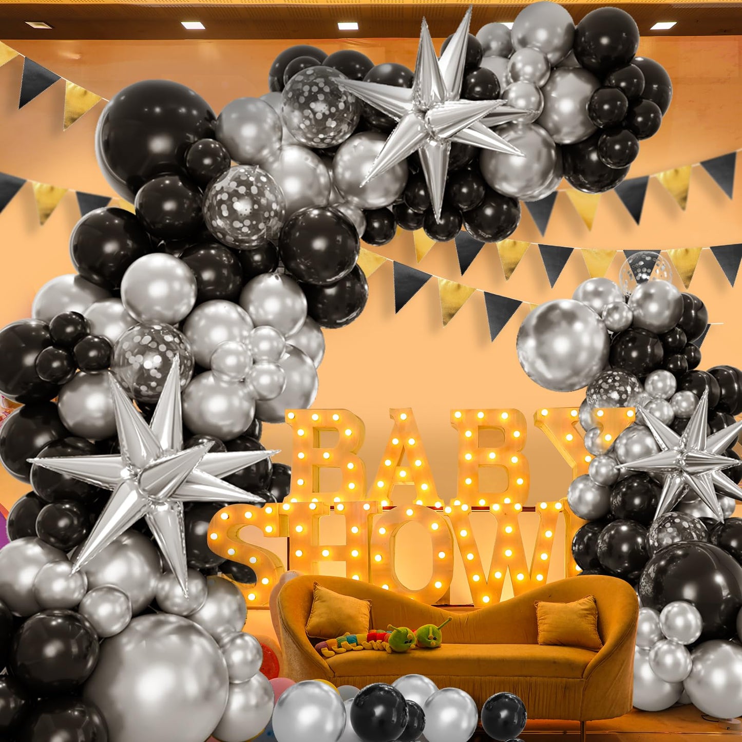 Bonropin 161Pcs Black And Silver Balloons Garland Arch Kit With Explosion Star Balloons, 5/10/12/18In Metallic Sliver And Black