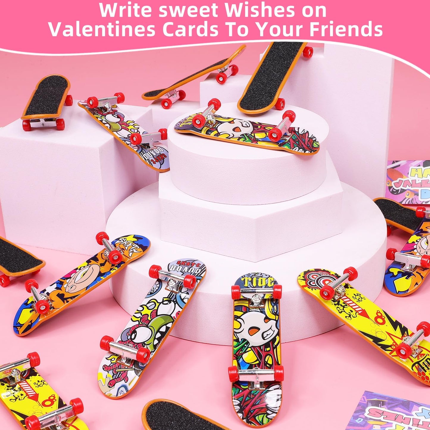 28 Pack Prefilled Valentines Cards For Kids Finger Skateboards Classroom Exchange Gifts For Student, Valentines Finger Sports Fo