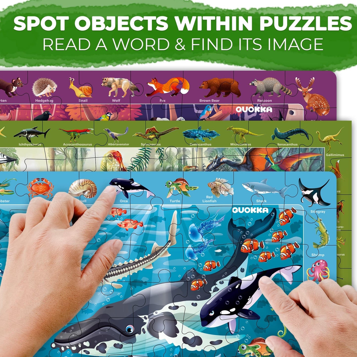 Quokka 100 Pieces Floor Puzzles For Kids Ages 4-6 – 3 Jigsaw Kids Puzzles Ages 6-8 – Search & Find Learning Game For Toddlers 3-5 Ocean Wild Animals & Dinosaurs - Gift Games For Children 8-10