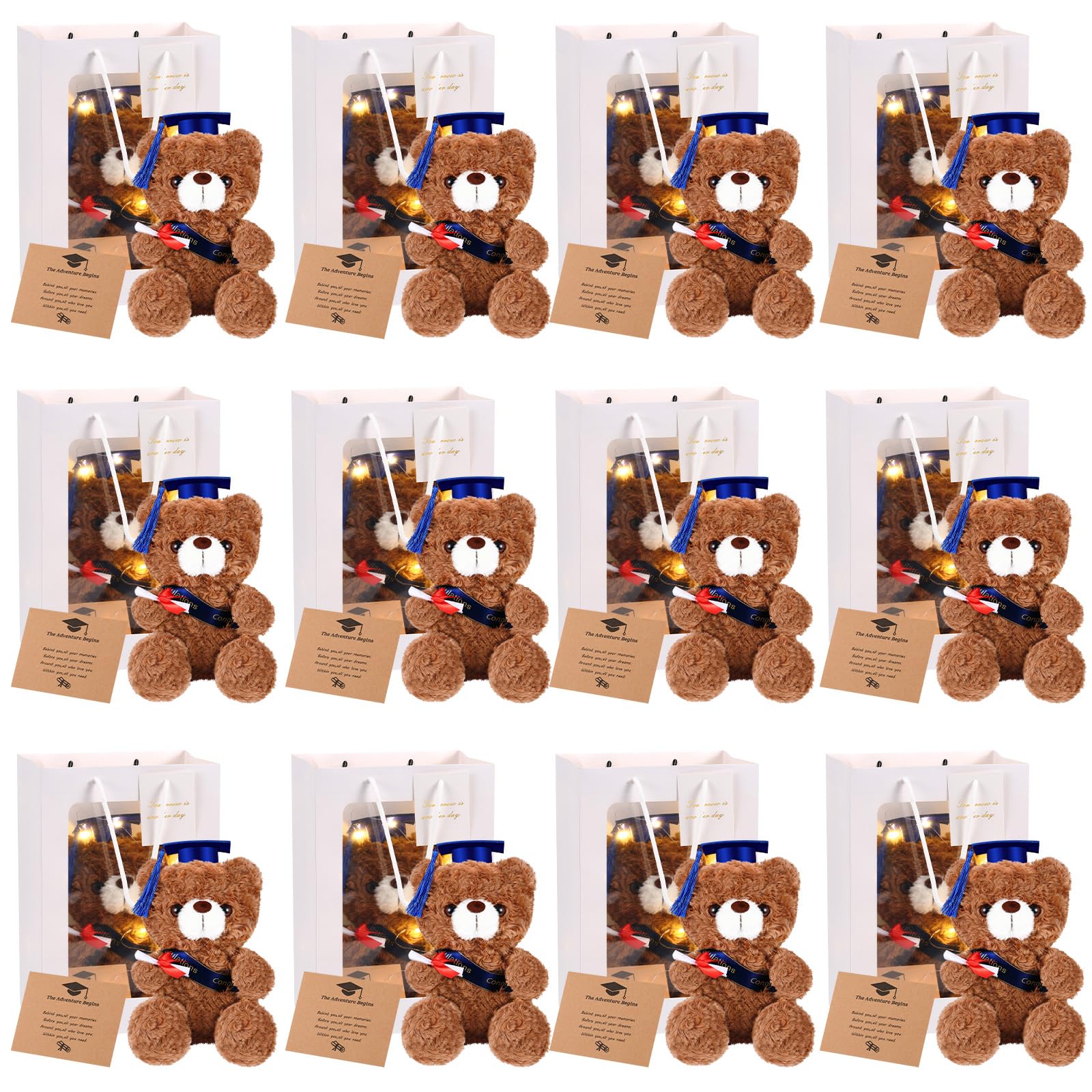 Leitee 12 Set Graduation Bears Class of 2025 Graduation Stuffed Bears Bulk Plush Bear with Cap, Greeting Card Bags Gift for Her 