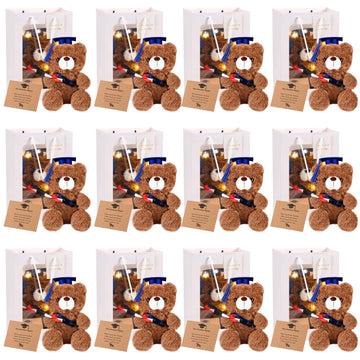 Leitee 12 Set Graduation Bears Class of 2025 Graduation Stuffed Bears Bulk Plush Bear with Cap, Greeting Card Bags Gift for Her 
