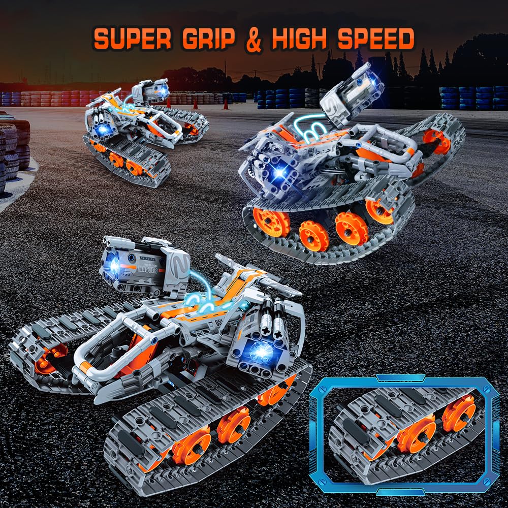 Hogokids 5 In 1 Stem Building Set With Led Light - App & Remote Controlled Cars Building Toys Kit, Rc Robot Tank Sleigh Tracked Racer 604 Pcs, Toy Gifts For Kids Boys Girls Ages 6 7 8 9 10 11 12+ Year