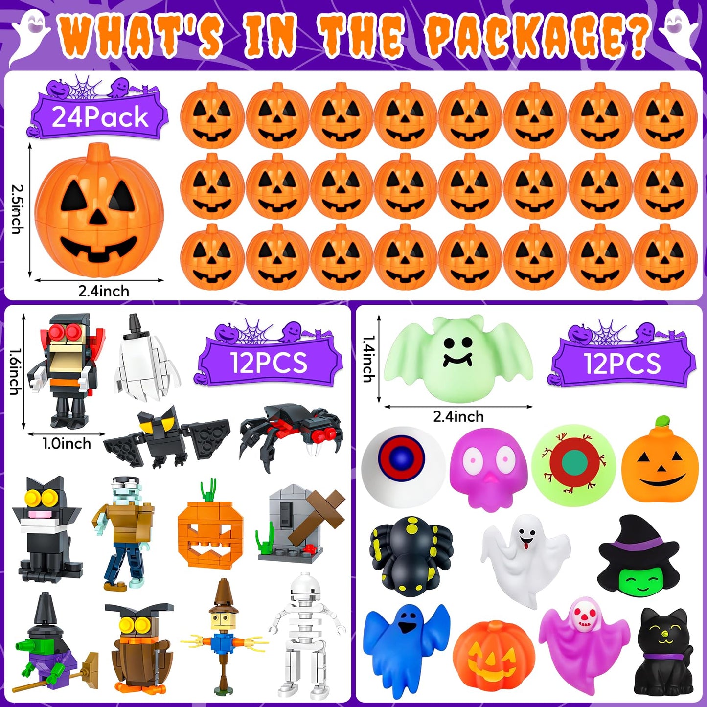 Halloween Party Favors for Kids, 48 Pcs Halloween Pumpkin with Halloween Squishy and Building Blocks, Halloween Goodie Bags Fill