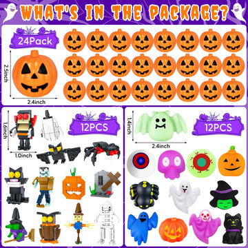 Halloween Party Favors for Kids, 48 Pcs Halloween Pumpkin with Halloween Squishy and Building Blocks, Halloween Goodie Bags Fill