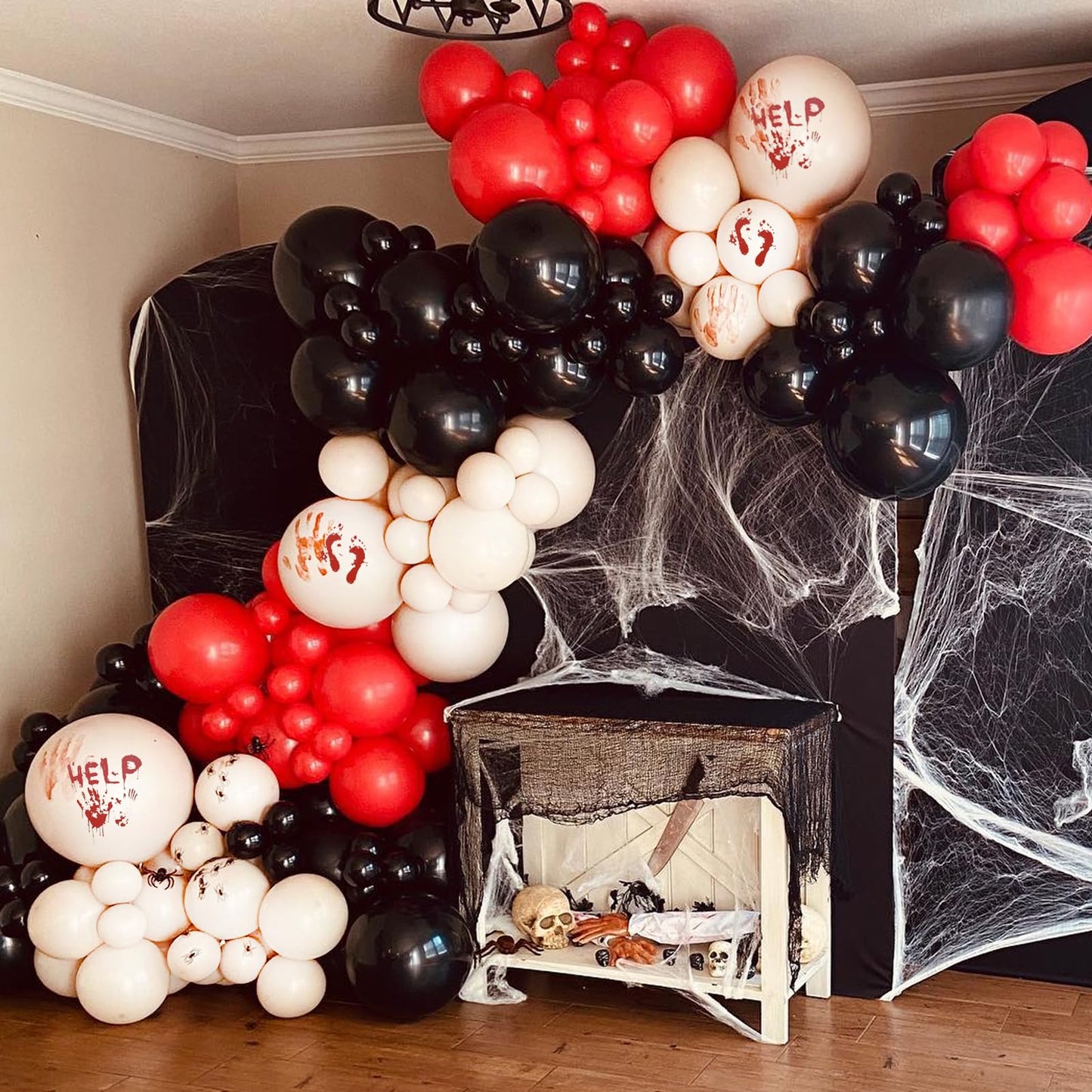 Felice Arts Blood Splatter Balloon Arch Garland Kit White Red Black Balloons for Vampire Haunted House Horror Themed Escape Room
