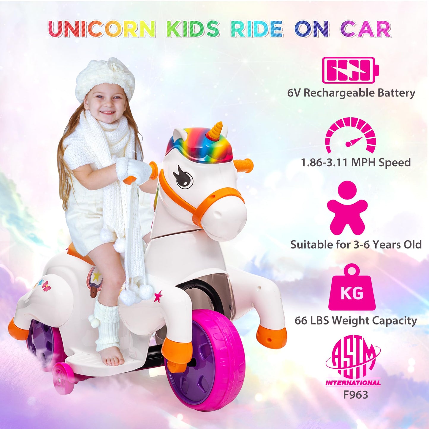 Ride On Toy Toddler Riding Toys Tobbi Ride On Unicorn Toys For Girls Boys 3-Wheel Battery Powered Motorcycle Kids' Electric Vehi