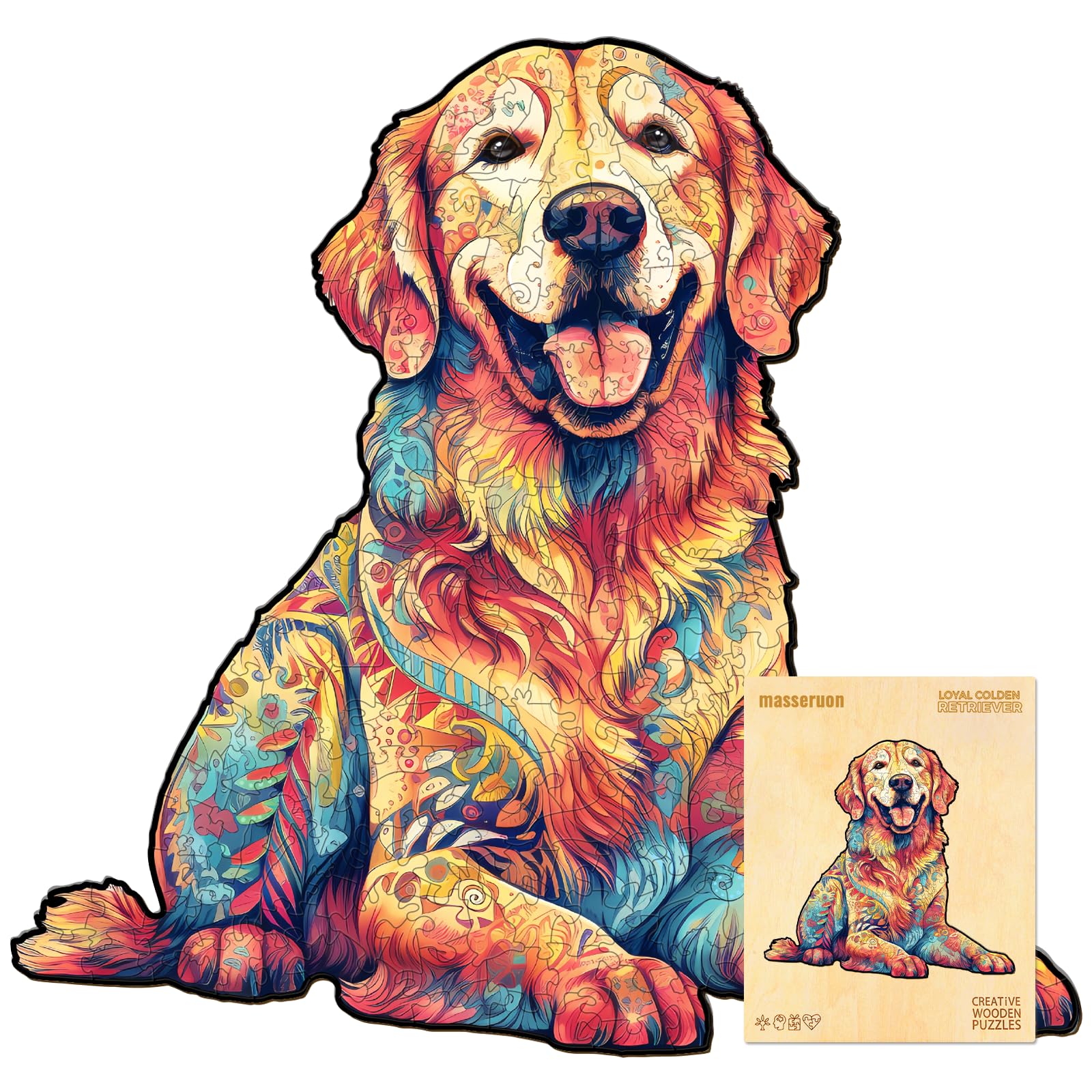 masseruon Wooden Puzzle for mature-themeds-Loyal Golden Retriever  Dog Puzzles for mature-themeds(S  120pieces  9.4*8.9in)  Beautiful Animal Dog Jigsaw Wood Puzzles mature-themed  Family Puzzle Game Christmas Birthday Gift