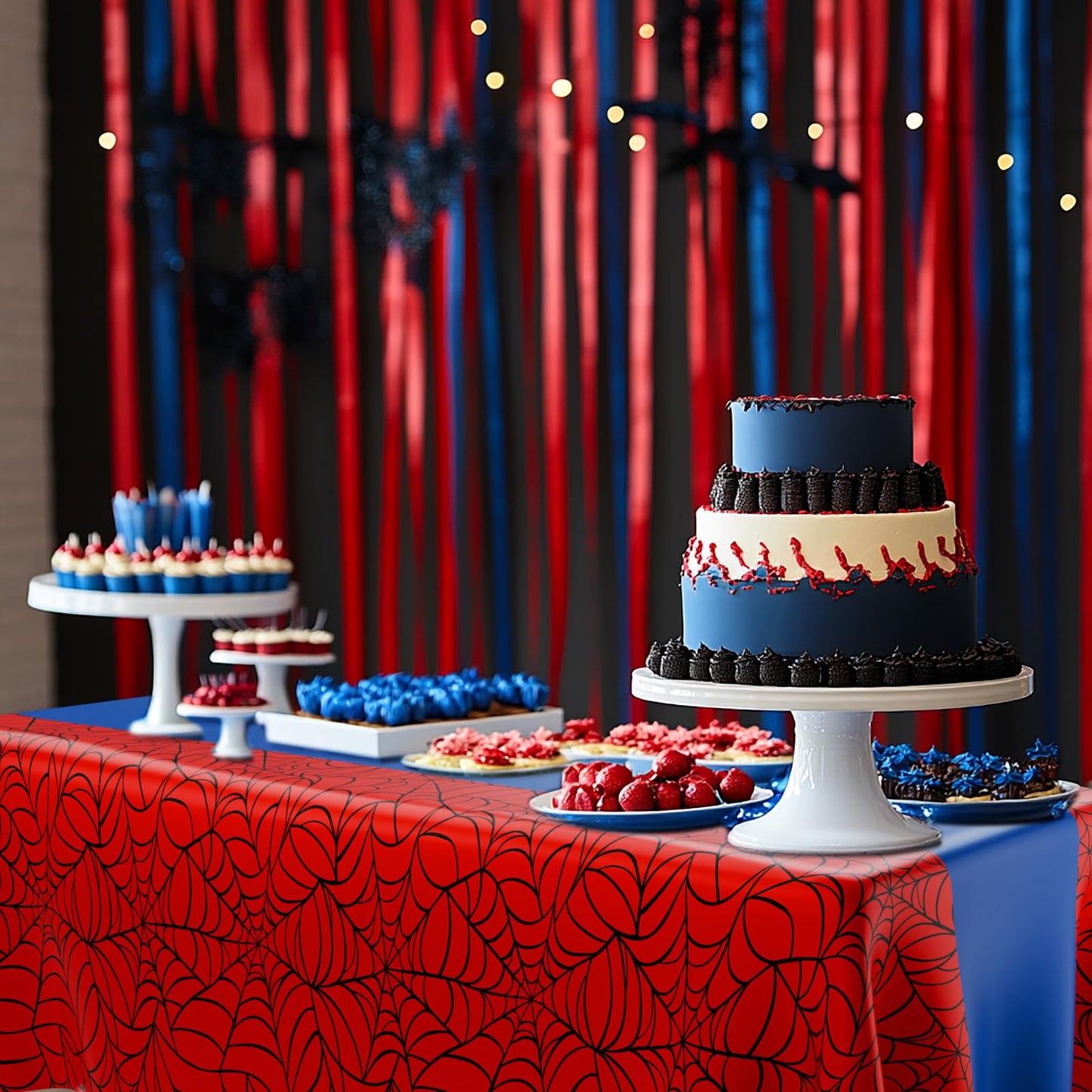 Remagr 6 Pcs 54 x 108 inch Spider Birthday Party Tablecloth Plastic Disposable Hero Table Cover Large Red and Blue Plastic Recta