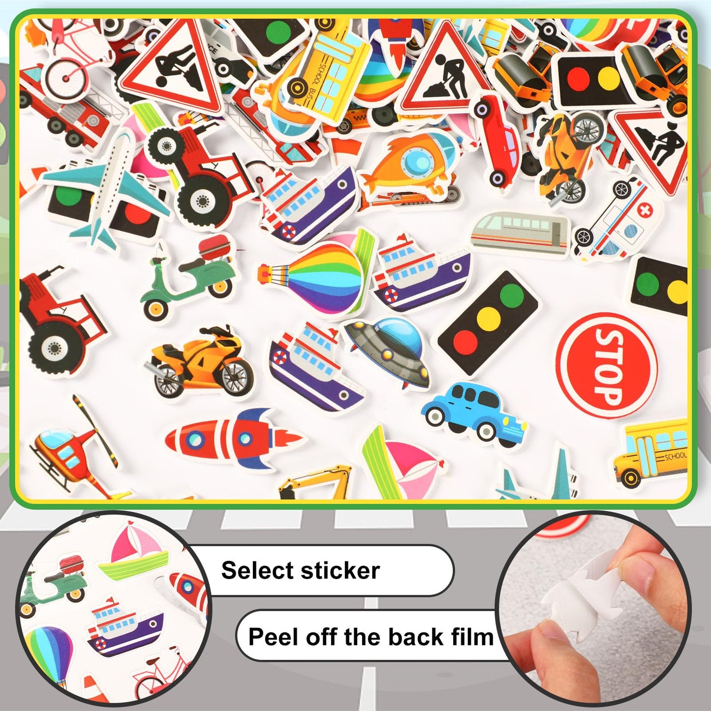 JULBEAR 300 Pieces Transportation Foam Stickers Bulk Self-Adhesive Cartoon Race Car Bus Vehicle Truck Stickers for Crafts Transp