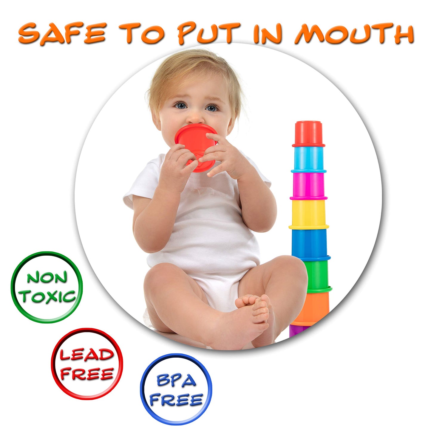 Driddle Colorful Stacking & Nesting Cups - 8 Cups Fun Color Learning Toy - Great Bath & Beach Toy For Baby Toddler & Kids - Preschool Game